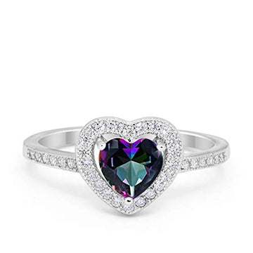 Halo Dazzling Heart Promise Ring Simulated Rainbow CZ 925 Sterling Silver